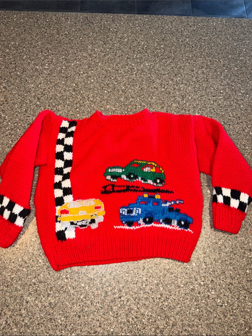 Hand knit Vintage Red Kids Sweater with Cars